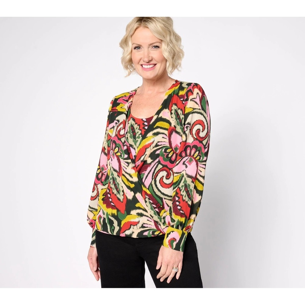 Susan Graver Women's Top Sz M Printed Woven Blouson Knit Multi-colored   #17C